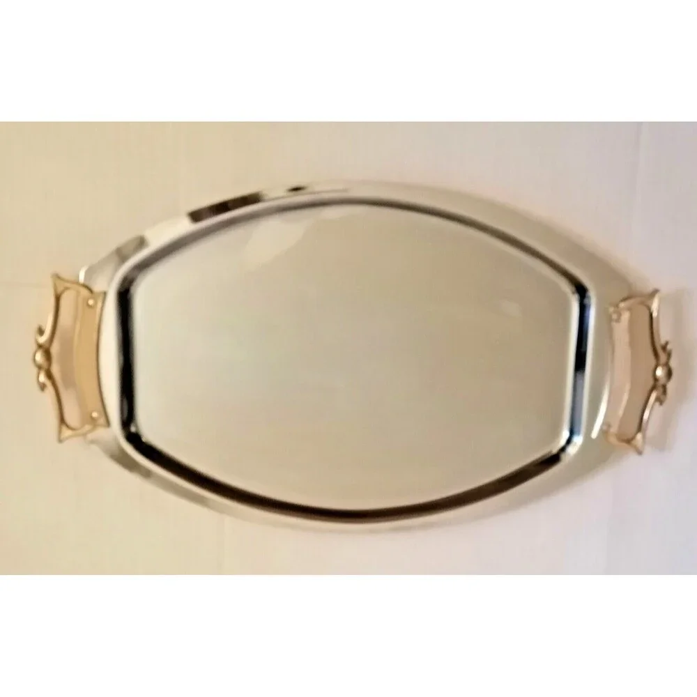 Vintage KROMEX Chrome Serving Tray Brass Handles Mid Century Modern USA Made
